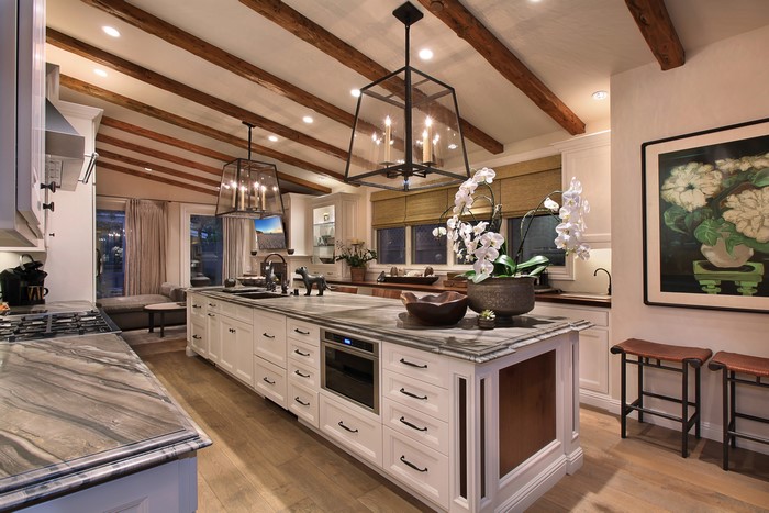 Kitchen Interior Design with Island and Beamed Ceiling