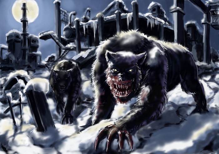 Two werewolves in a snowy industrial landscape