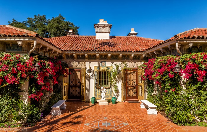 Hearst Castle courtyard with bougainvillea in California