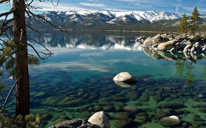 Lake Tahoe with snow-capped mountains and clear water
