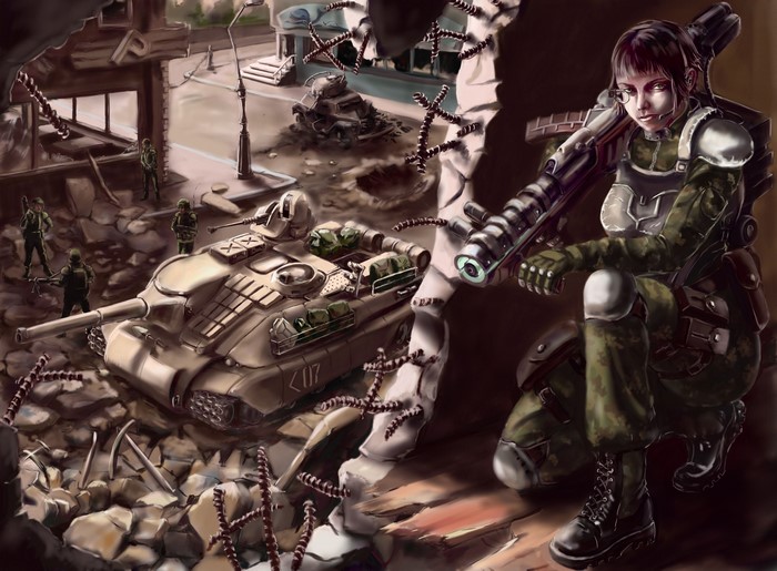 4K Antitank Fighter and Tanks in Ruined City