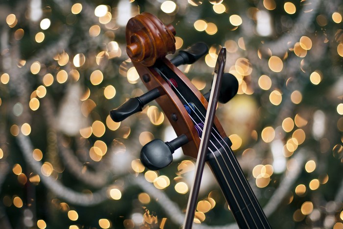 Cello and Bow with Bokeh Lights Background