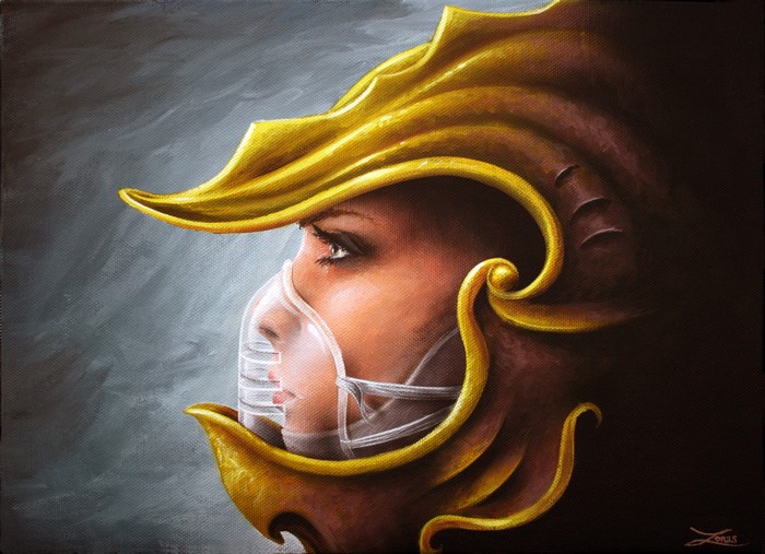 Woman wearing a golden helmet and mask