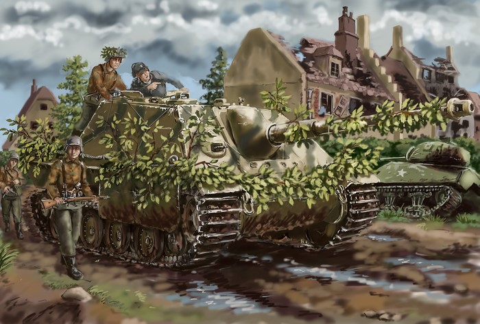 Jagdpanther and Soldiers in Ruined Village