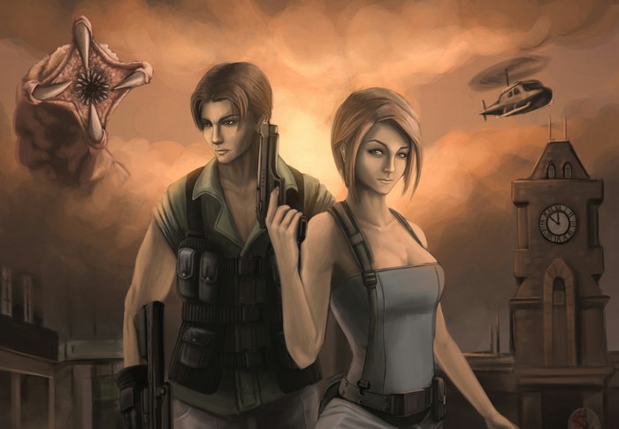 Jill Valentine and Carlos Oliveira from Resident Evil with monster