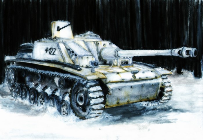 Painting of a StuG III assault gun in snow