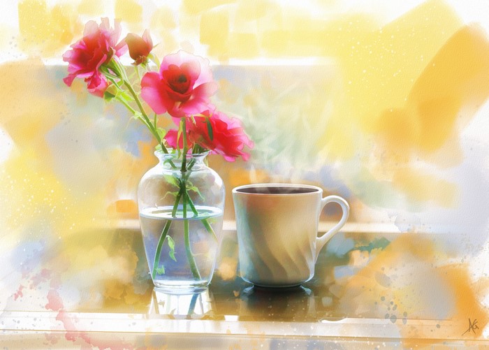 Roses in a vase and coffee cup