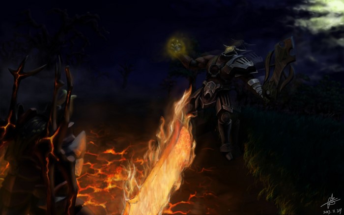 Doom from Dota 2 fighting in a dark landscape