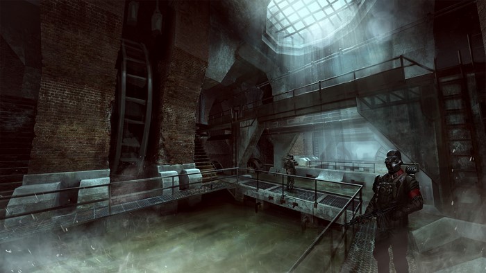 Soldiers in a dark industrial facility with a water wheel