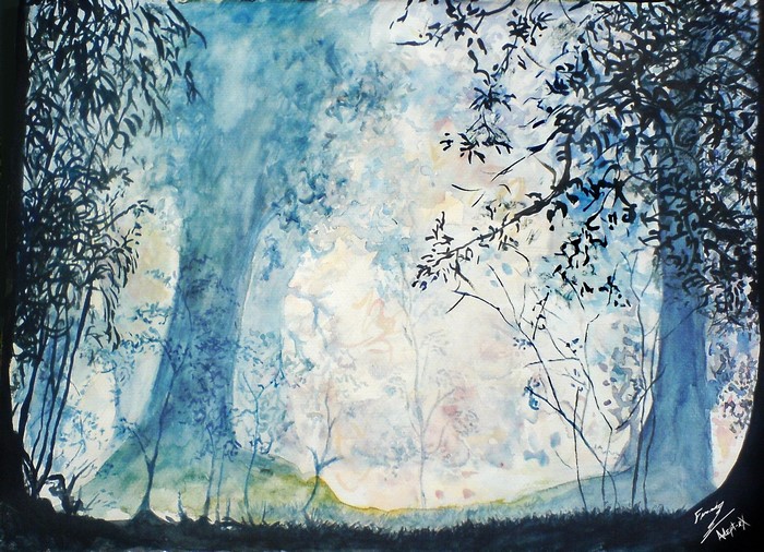 Watercolor painting of a misty forest with trees