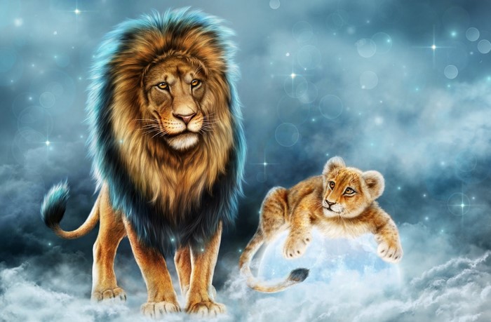 Lion and Cub in a Dreamlike Sky