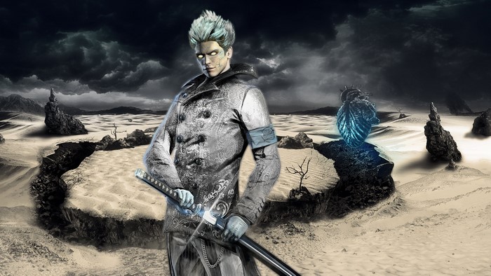 Vergil from Devil May Cry holding a sword in a desert