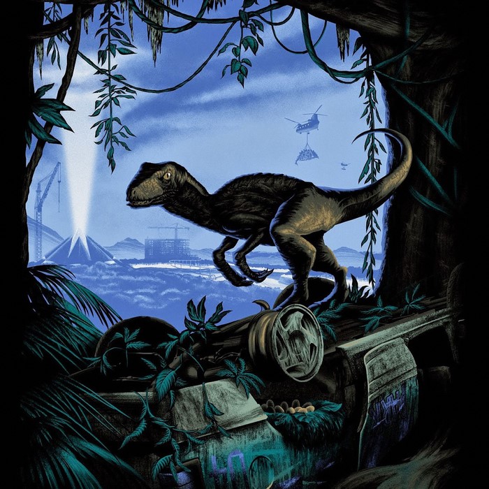 Velociraptor in a jungle with a crashed vehicle and construction site