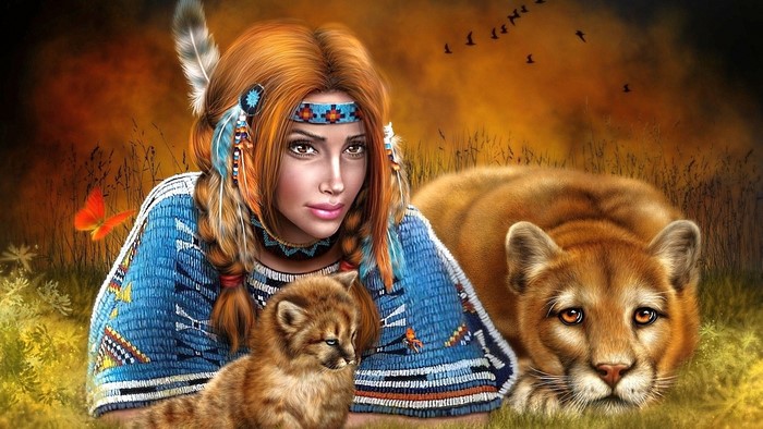 Redhead Native Woman with Puma and Cub