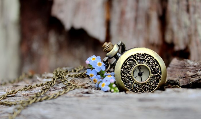 Pocket watch with forget-me-nots on wood