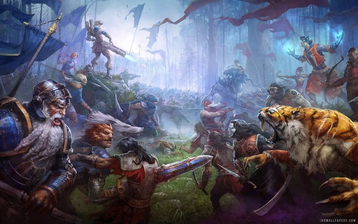 Warriors in a forest battle with a tiger