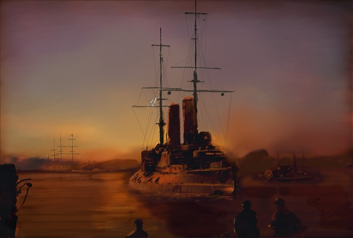 The Russian battleship Tsesarevich at sunset