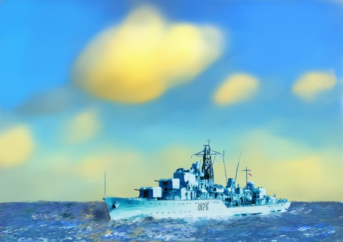 Painting of a warship sailing on the ocean under a cloudy sky