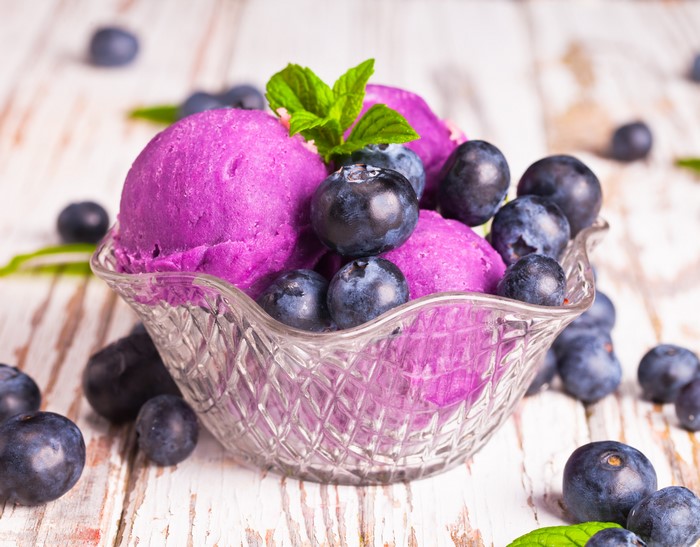 Blueberry Ice Cream with Fresh Blueberries and Mint