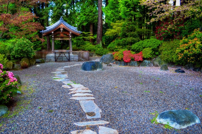 Japanese Garden with Pagoda and Stone Path