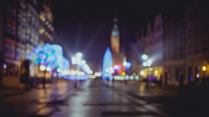 Street lights and buildings at night in Poland