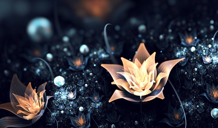 Abstract fractal flowers with glowing petals and bokeh lights