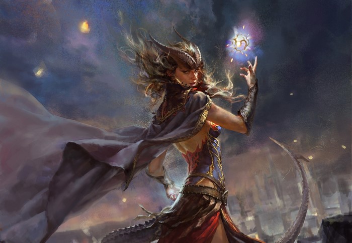 Sorceress with horns casting a spell