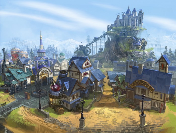 Fantasy town with castle on a hill