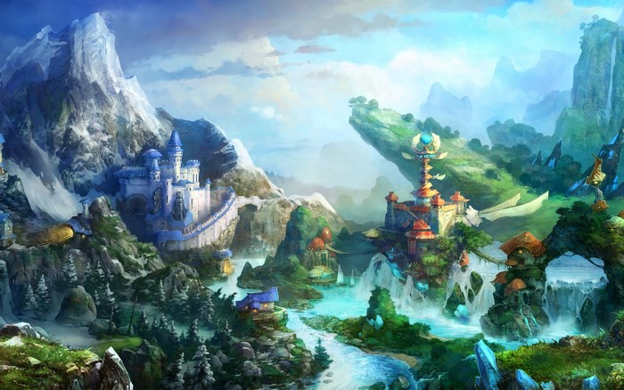 Fantasy landscape with castles and mountains