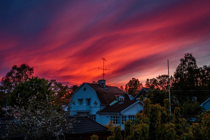 Houses in Arvika, Sweden during a vibrant sunset