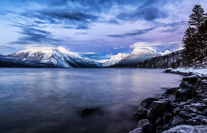 4K Lake and Snow-Capped Mountains in Glacier National Park, USA