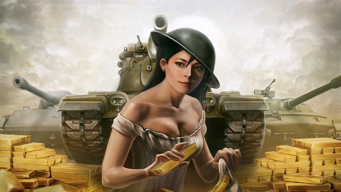 Woman with Gold Ingots and Tanks in World of Tanks