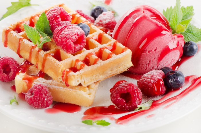 Waffles with Raspberry Ice Cream and Berries