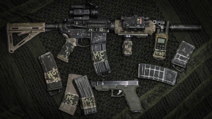Assault rifle, pistol, and magazines