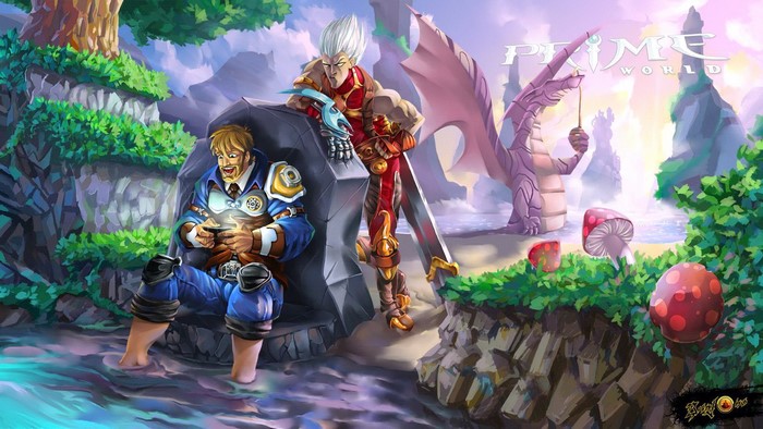 Prime World characters with a dragon in the background