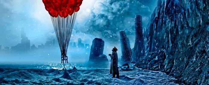 Post-apocalyptic landscape with red balloons and a figure