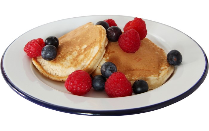 Pancakes with Raspberries and Blueberries on a Plate