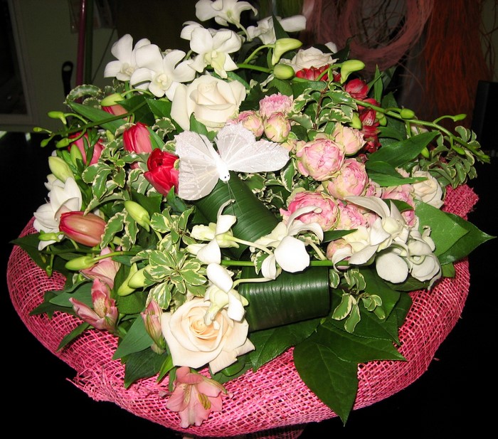 Bouquet of Roses, Tulips, and Orchids with Butterfly