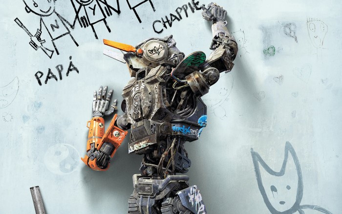 Chappie robot with graffiti on a wall