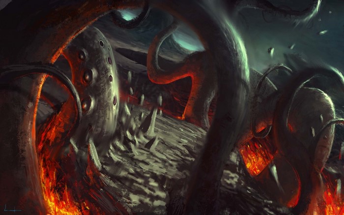 Tentacles creature on a fiery planet