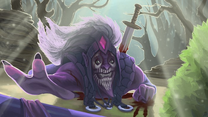 Dazzle from DOTA 2 impaled by a sword