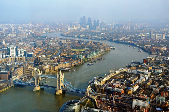 Aerial view of London with Tower Bridge and River Thames