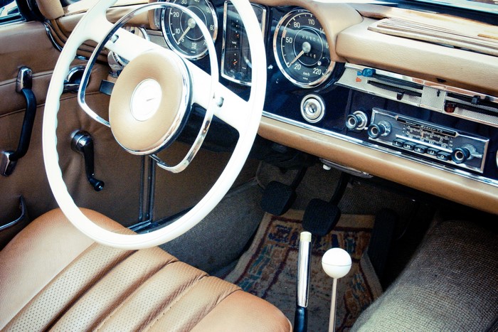 Interior of a vintage Mercedes-Benz W113 Pagoda