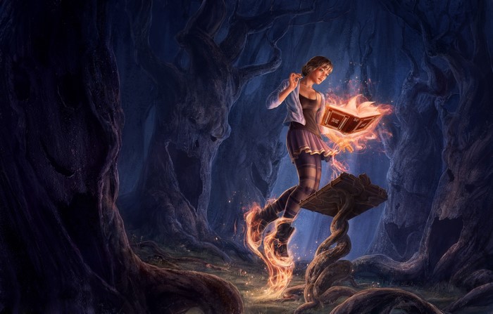 Girl reading a magical book in a dark forest