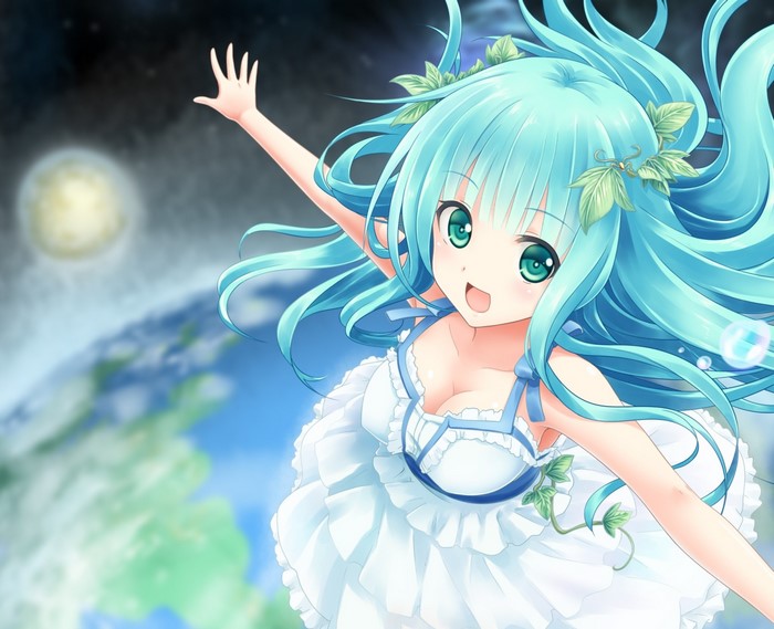 Anime girl with blue hair and white dress near Earth