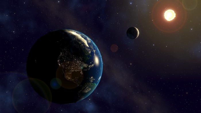 Earth, Moon, and Sun in Space