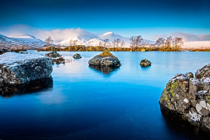 The Lochan, Scotland: Snowy Mountains and Lake with Stones