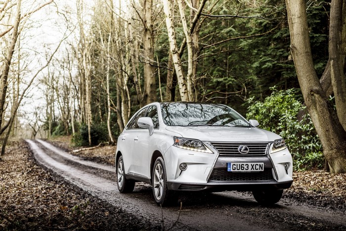 White Lexus RX 450h F-Sport on Forest Road