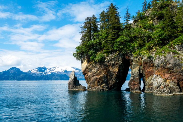 Rocky Fjord with Snow-Capped Mountains and Spruce Trees