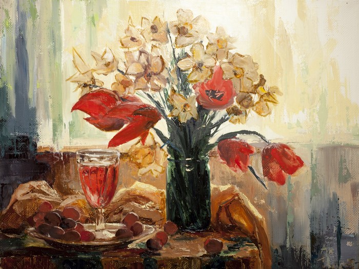 Still-life painting of tulips, daffodils, wine, and grapes